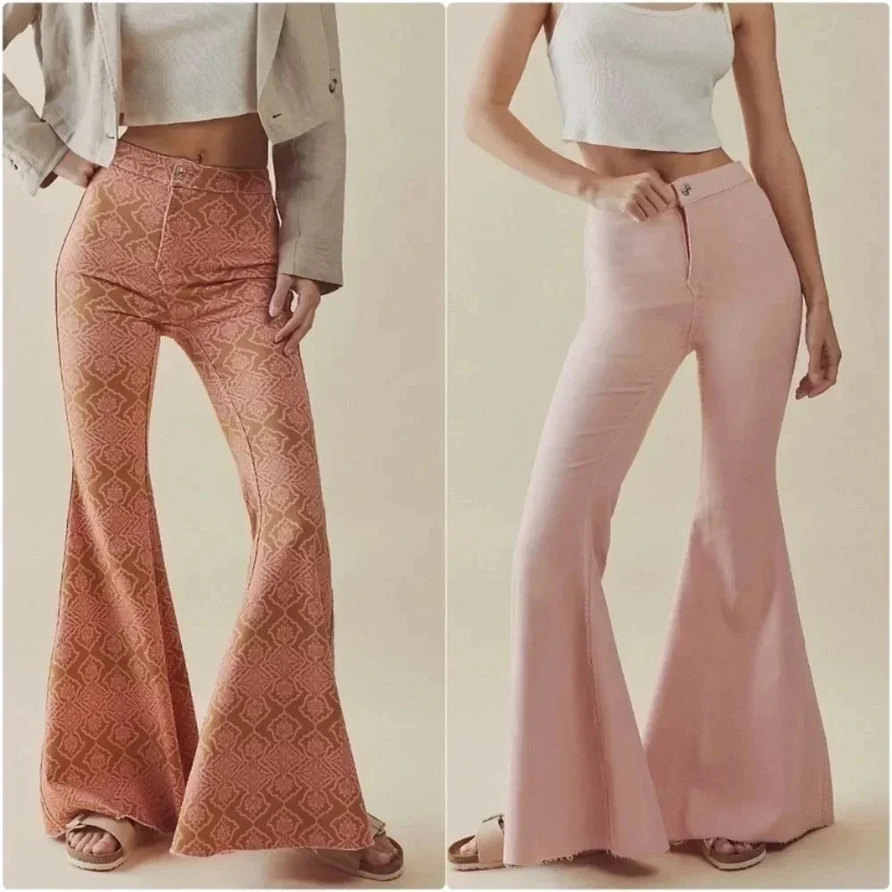 NWT Free People Throw It Back Reversible Flare Jeans in Pink Brown Printed 24